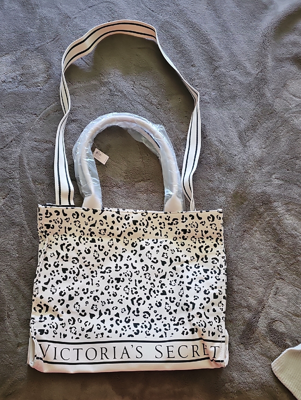 Victoria's Secret Black and White Leopard Tote with Striped Strap